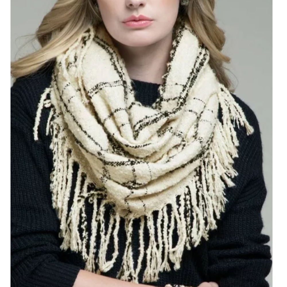 Ivory Plaid Soft Knit Plaid Infinity Tassel Scarf - Picture 3 of 3